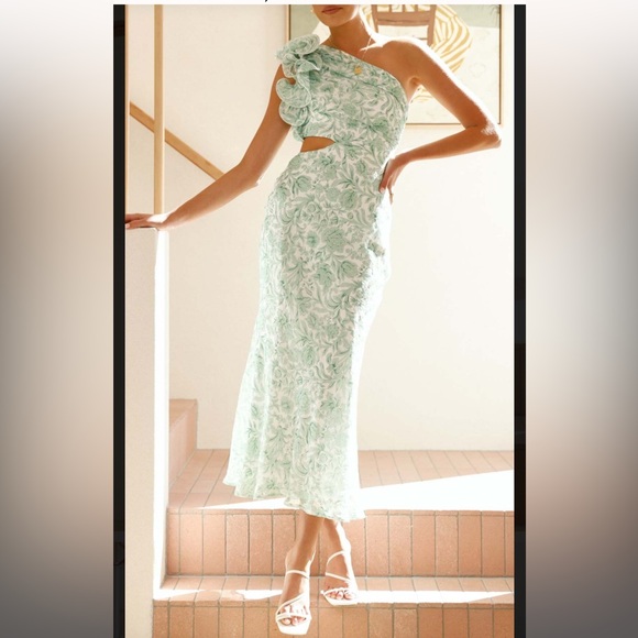 Green Floral One-Shoulder Cutout Maxi Dress Size Small - Picture 1 of 3